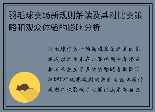 羽毛球赛场新规则解读及其对比赛策略和观众体验的影响分析